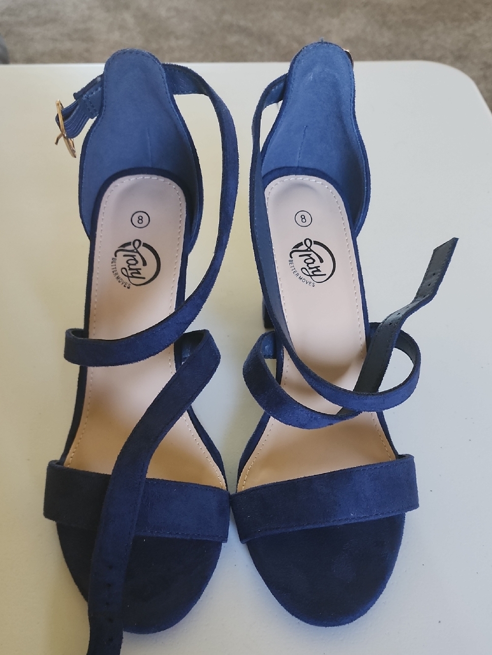 Trary Navy Suede Strappy Block Heels